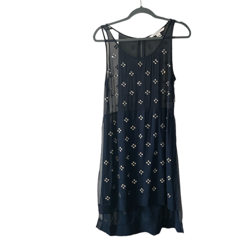 Diane Von Furstenberg Navy Dress With Flower Embellishments- 100% Silk-Size 10
